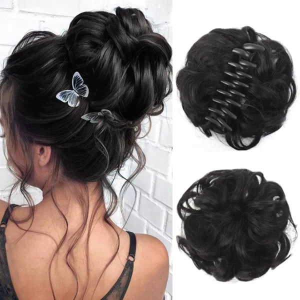 Synthetic black curly hair bun with claw clip