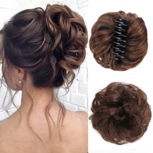 Synthetic brown curly hair bun with claw clip